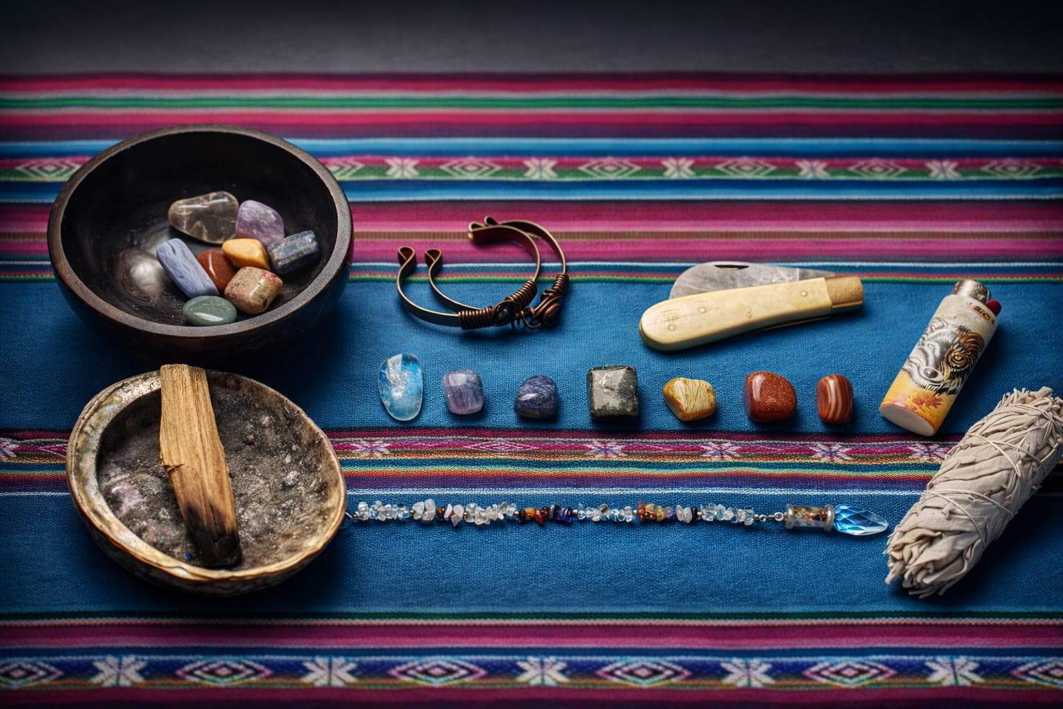 Energetic healing tools on a colorful cloth